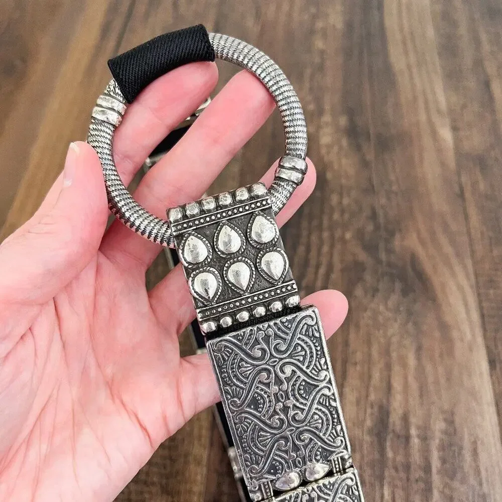 Boho Stretch Belt Hip Slung Embossed Metal Beads Artsy Bohemian Size L/XL Silver